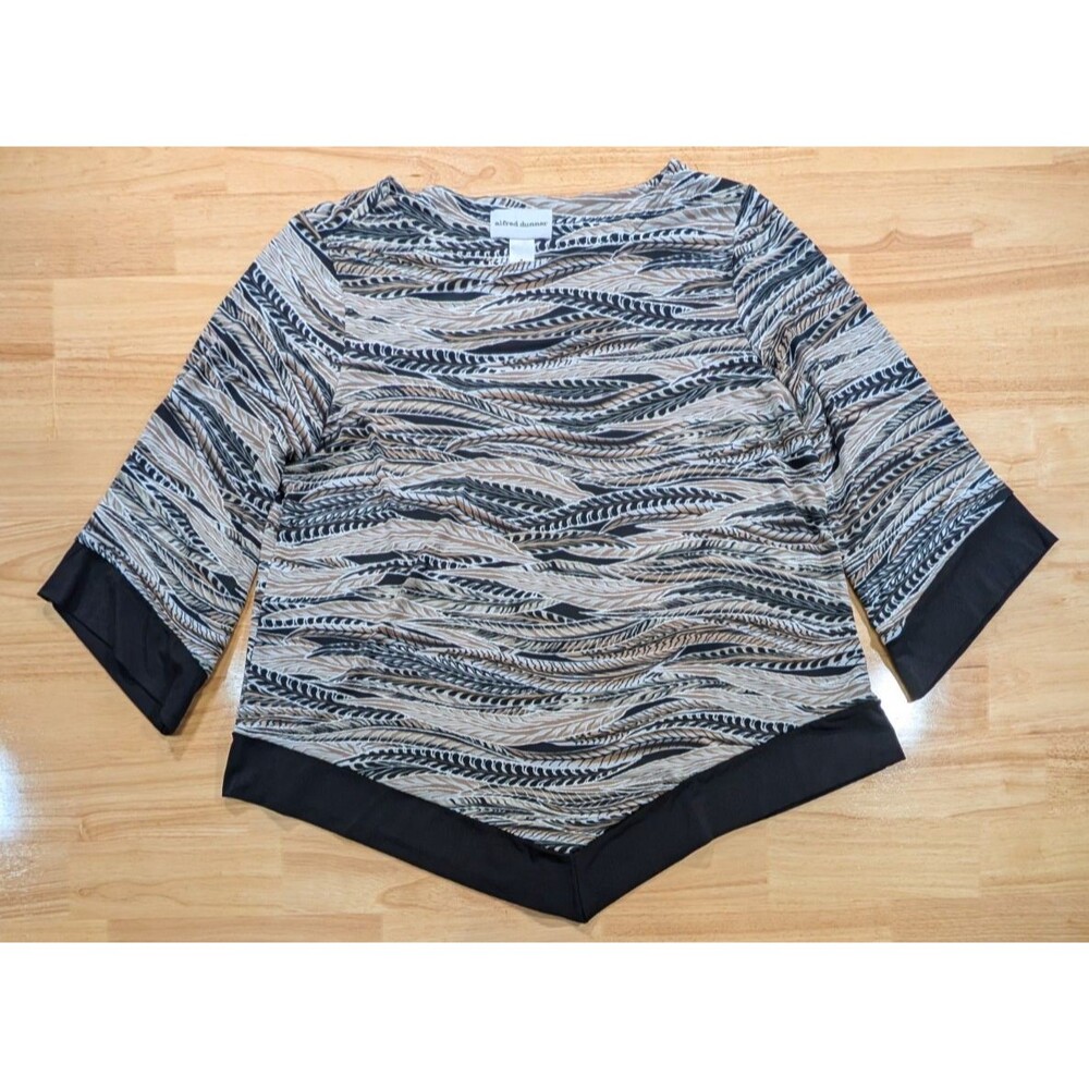 Alfred Dunner Top Womens M 3/4 Sleeve Abstract Feather Sharkbite Hem Blue Brown